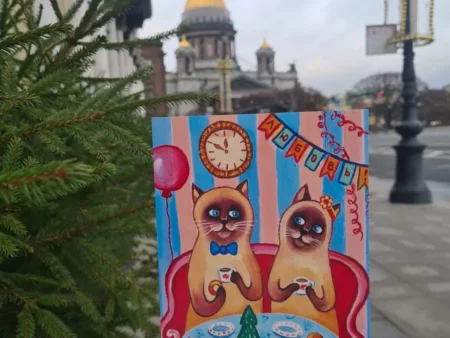 Открытка новогодняя с котиками "Отмечаем с елкой" - изображение 6