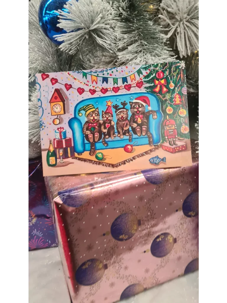 Открытка новогодняя "Кошкина семья"