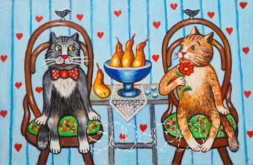 Открытка с котиками "Котики и груши"